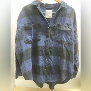 Aerie Men's Navy and Charcoal Checkered Shirt